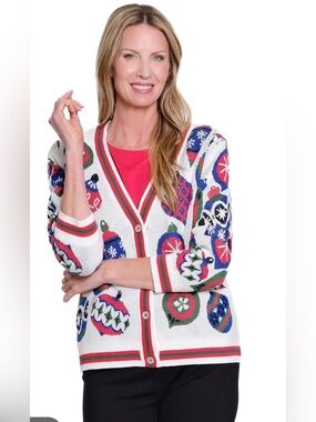 Multiples White Holiday Ornament Knit Cardigan with Red and Green Trim